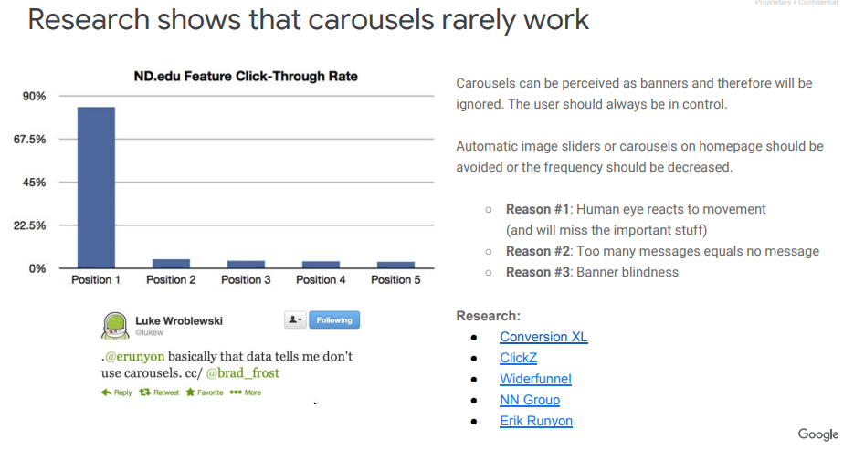 "A pesquisa mostra que carrosséis e sliders raramente funcionam" Google